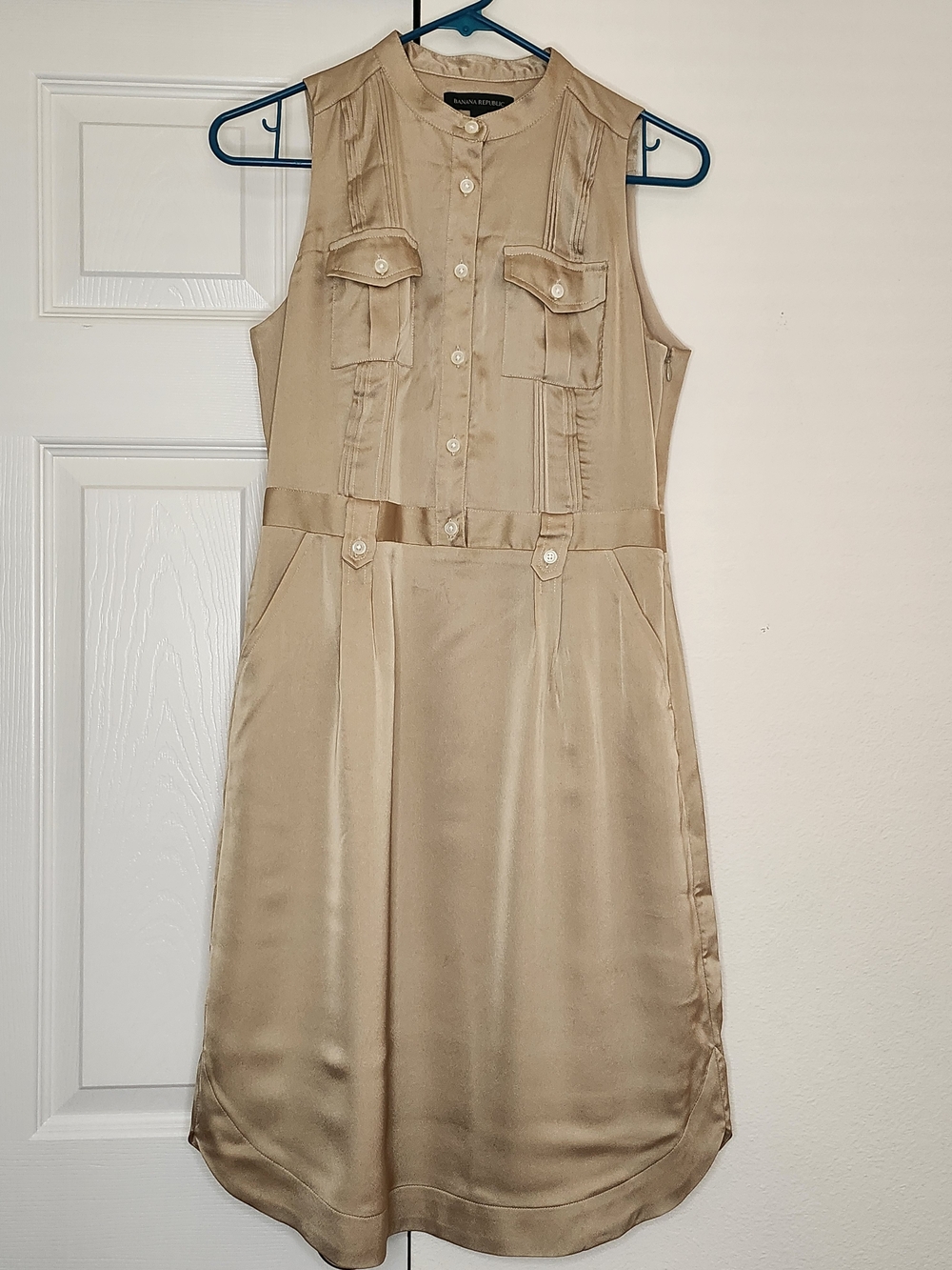 NWT Banana Republic Sleeveless Satin Utility Shirt Dress Champagne Tan Size 0
